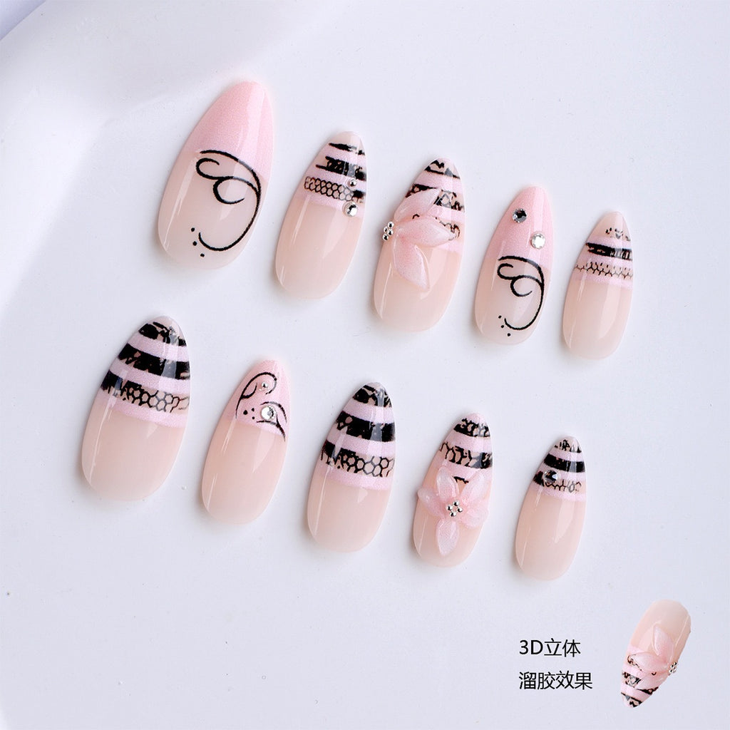 Press-On Nails "Coquette Dark" (Set de 24) - Rayures Noires, Dentelle & Fleurs 3D⁠
