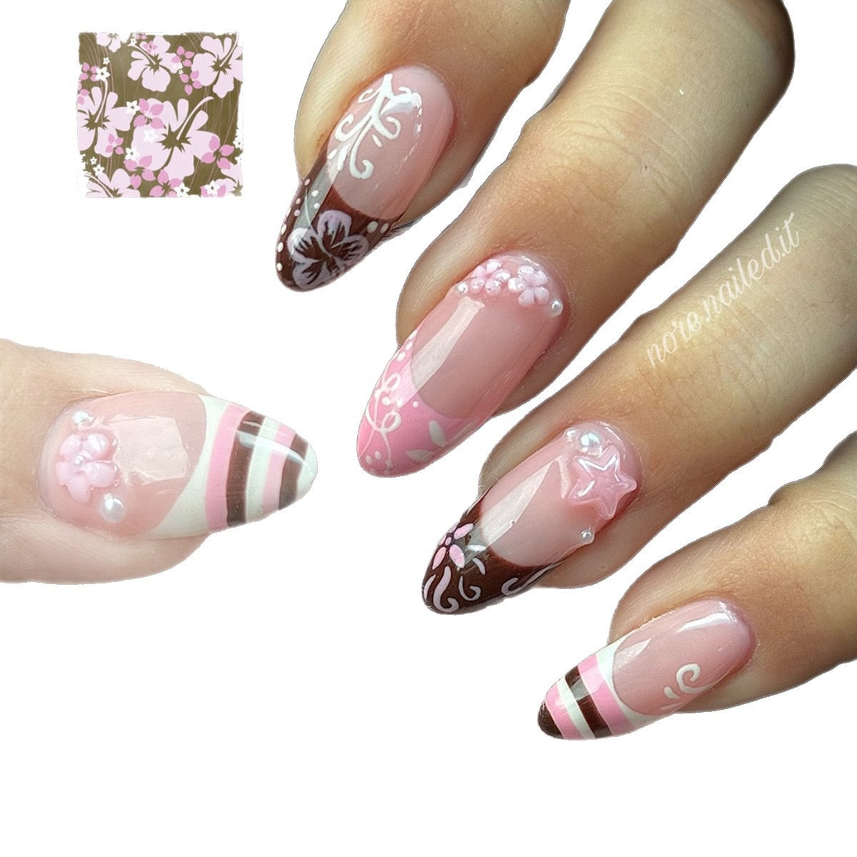 Faux Ongles "Sweet Choco Pink" - Style Y2K, Rayures Vintage & Motifs Floral 3D