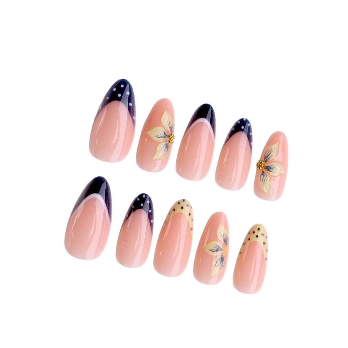 Vintage Navy & Yellow French Press-On Nails - Ongles Reutilisables Motif Fleur & Pois