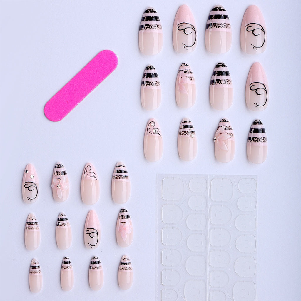 Press-On Nails "Coquette Dark" (Set de 24) - Rayures Noires, Dentelle & Fleurs 3D⁠
