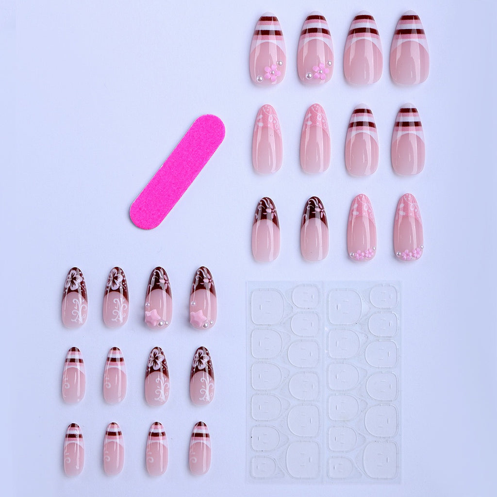 Faux Ongles "Sweet Choco Pink" - Style Y2K, Rayures Vintage & Motifs Floral 3D