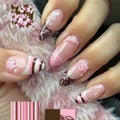 Faux Ongles "Sweet Choco Pink" - Style Y2K, Rayures Vintage & Motifs Floral 3D