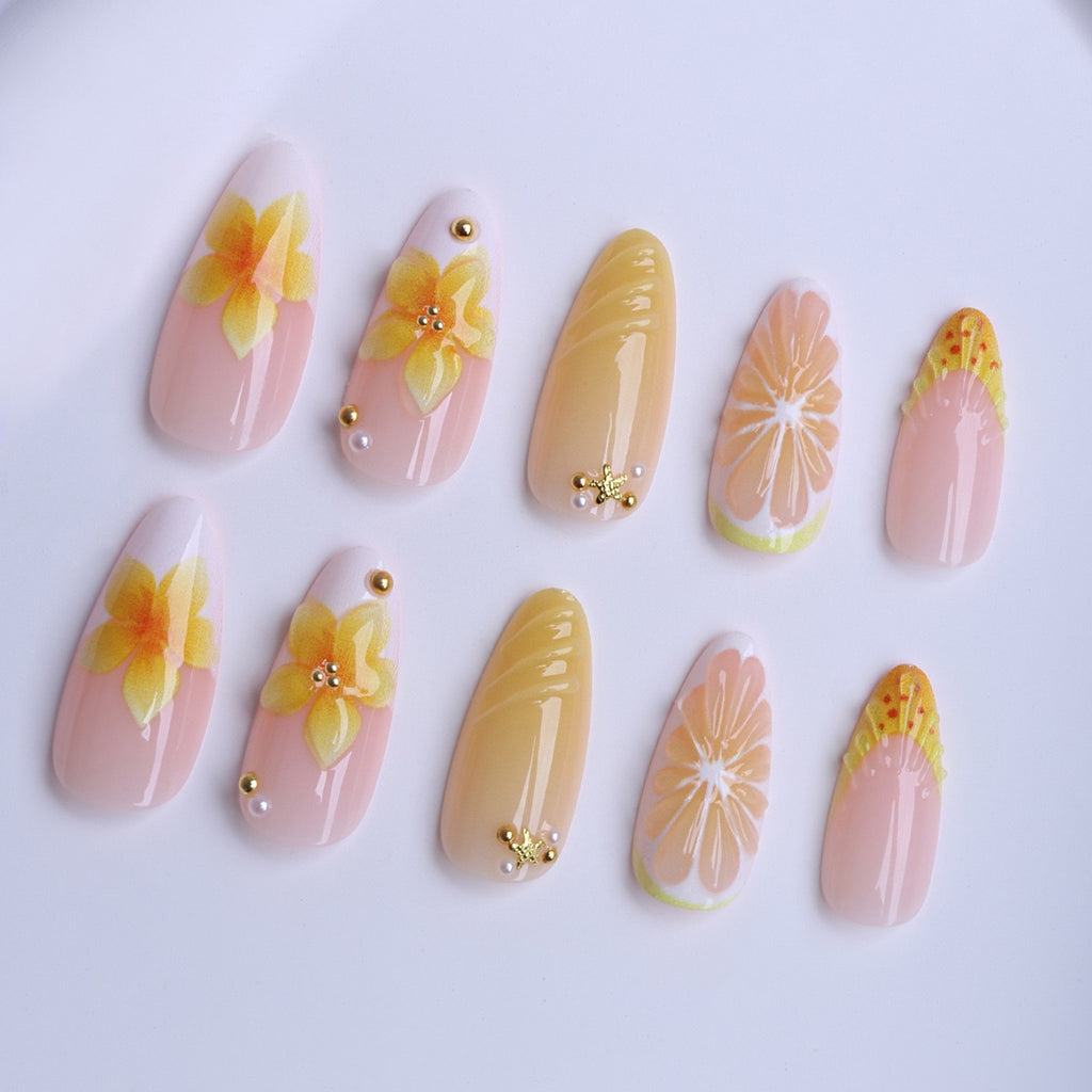 Press-On Nails "Soleil d'Été" - Fleurs 3D, Citron & Coquillage Tropique⁠