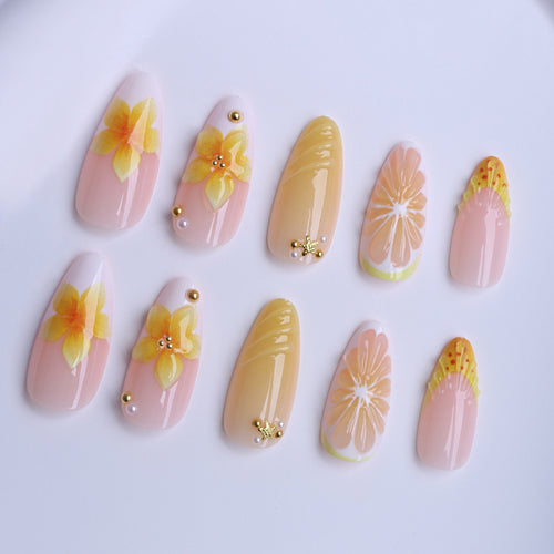 Press-On Nails "Soleil d'Été" - Fleurs 3D, Citron & Coquillage Tropique⁠