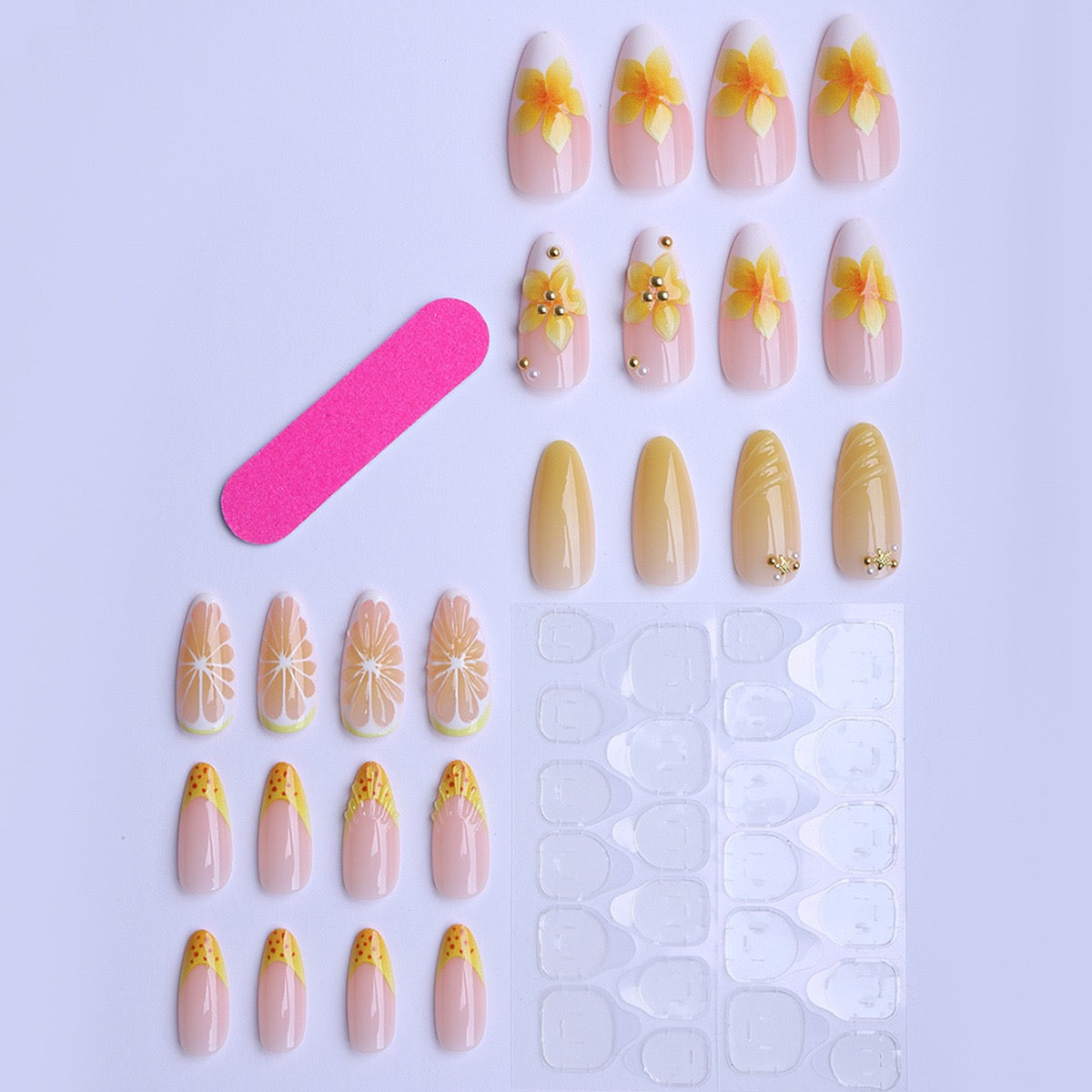 Press-On Nails "Soleil d'Été" - Fleurs 3D, Citron & Coquillage Tropique⁠
