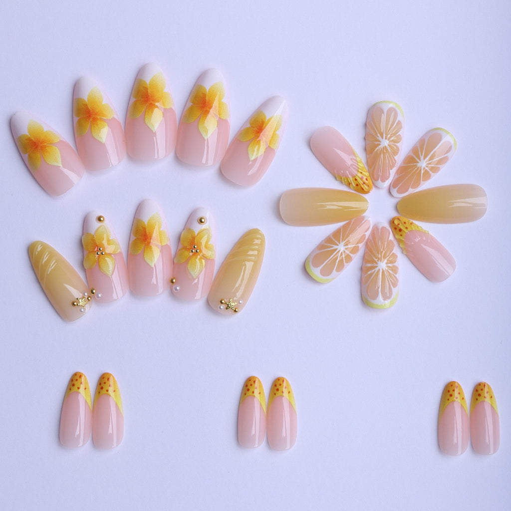 Press-On Nails "Soleil d'Été" - Fleurs 3D, Citron & Coquillage Tropique⁠