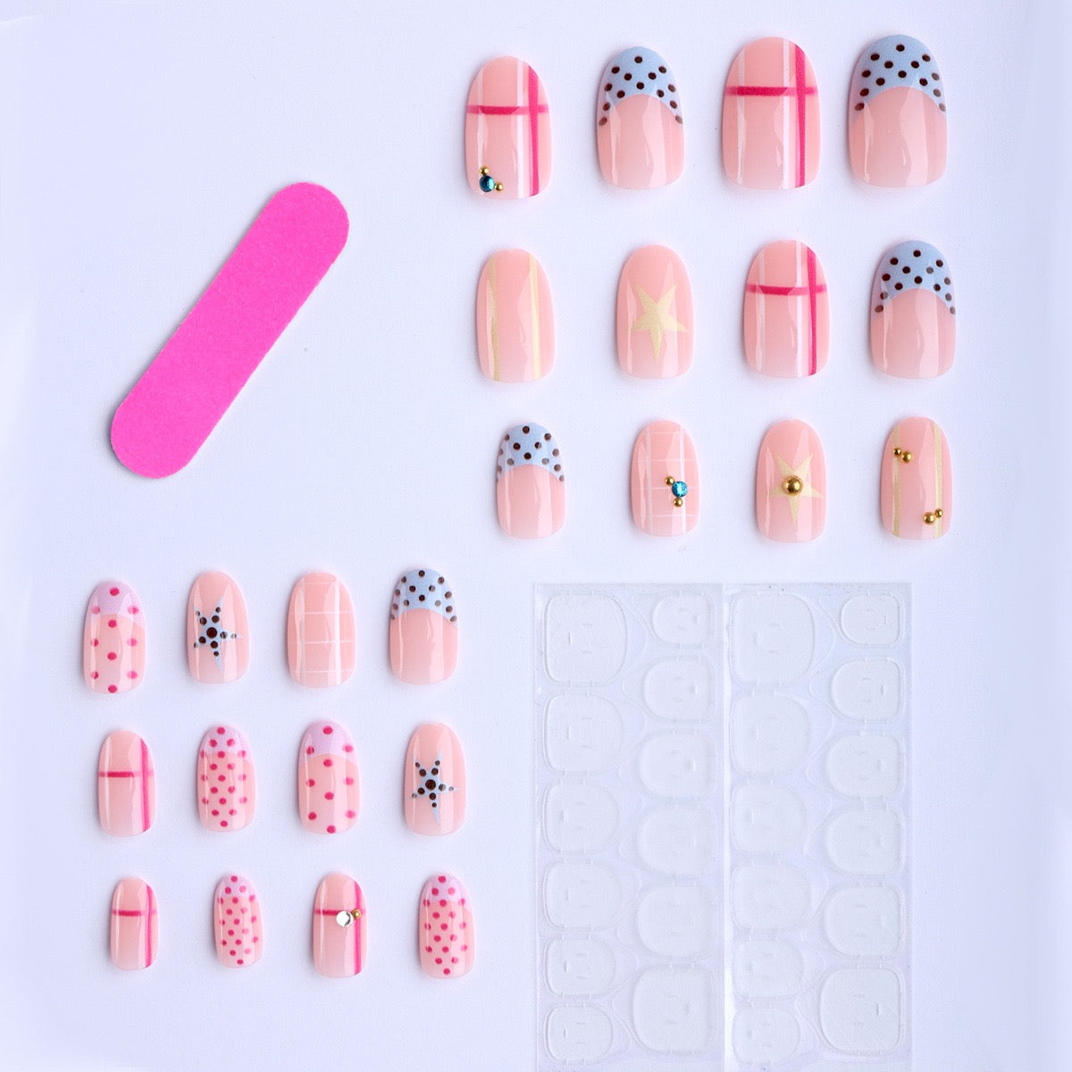 Press-on Nails - Cyber Star Y2K | Étoiles, Pois & Grille Graphique✨