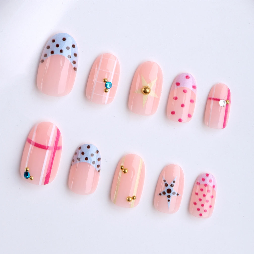 Press-on Nails - Cyber Star Y2K | Étoiles, Pois & Grille Graphique✨