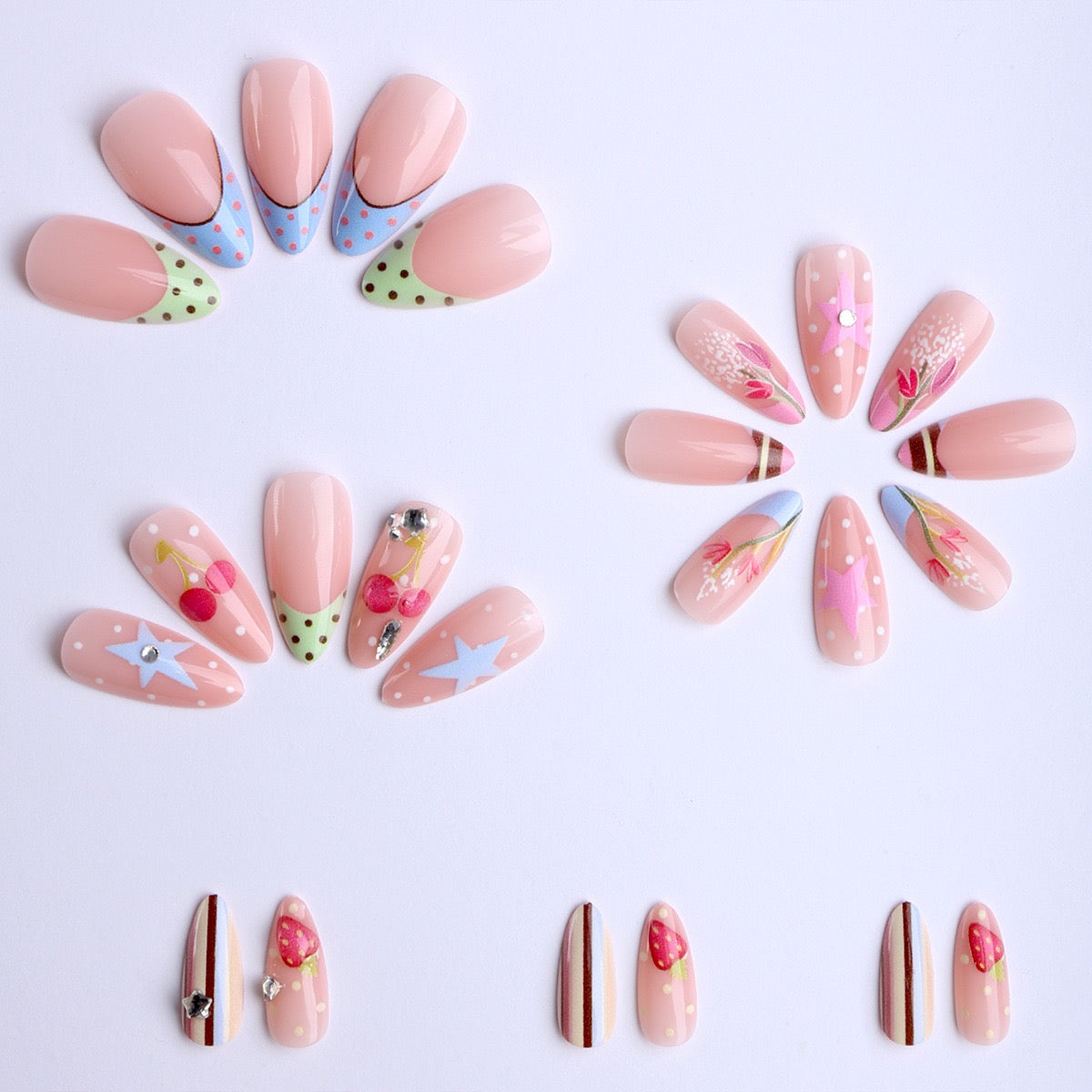 Press-on Nails - Sweet Dream Y2K | Étoiles 3D, Cerises & Fleurs Printanières🌸🌷