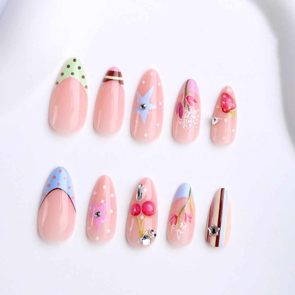 Press-on Nails - Sweet Dream Y2K | Étoiles 3D, Cerises & Fleurs Printanières🌸🌷