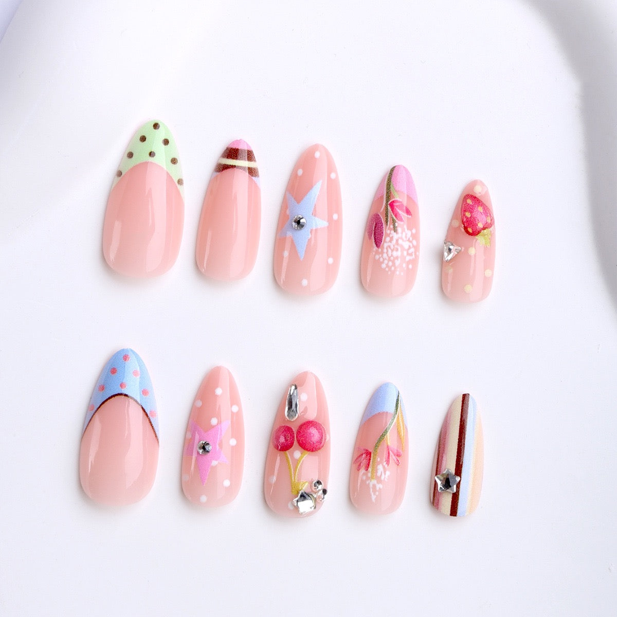 Press-on Nails - Sweet Dream Y2K | Étoiles 3D, Cerises & Fleurs Printanières🌸🌷