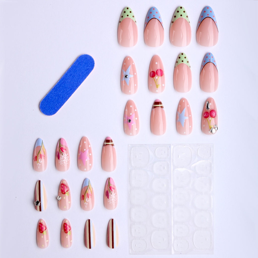 Press-on Nails - Sweet Dream Y2K | Étoiles 3D, Cerises & Fleurs Printanières🌸🌷