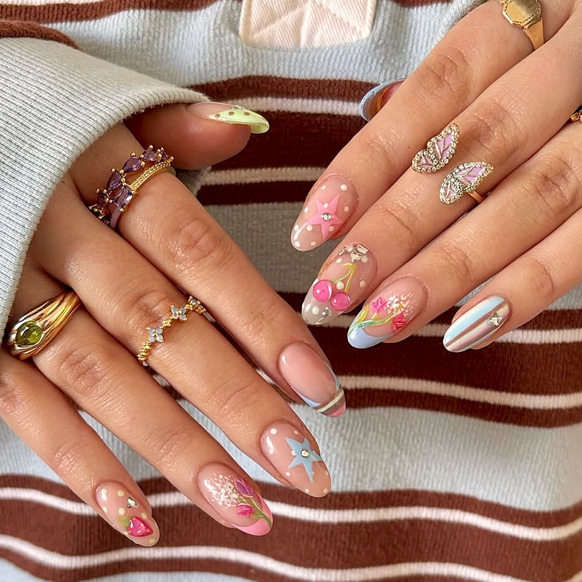 Press-on Nails - Sweet Dream Y2K | Étoiles 3D, Cerises & Fleurs Printanières🌸🌷